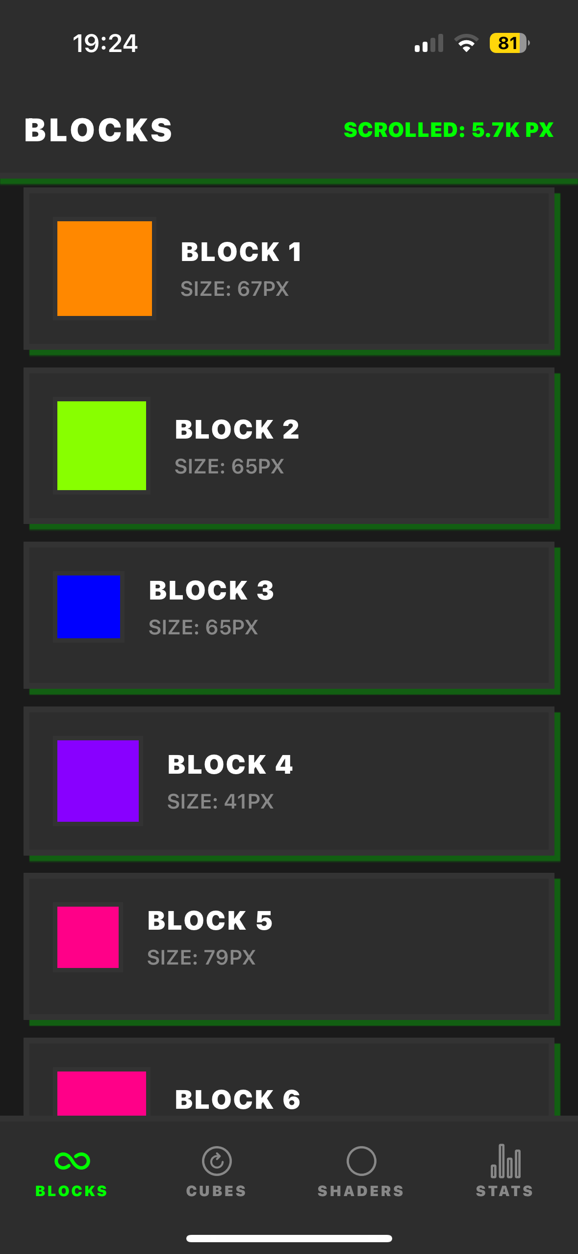 Endlesss Blocks Tab - Infinite scrolling with colored blocks